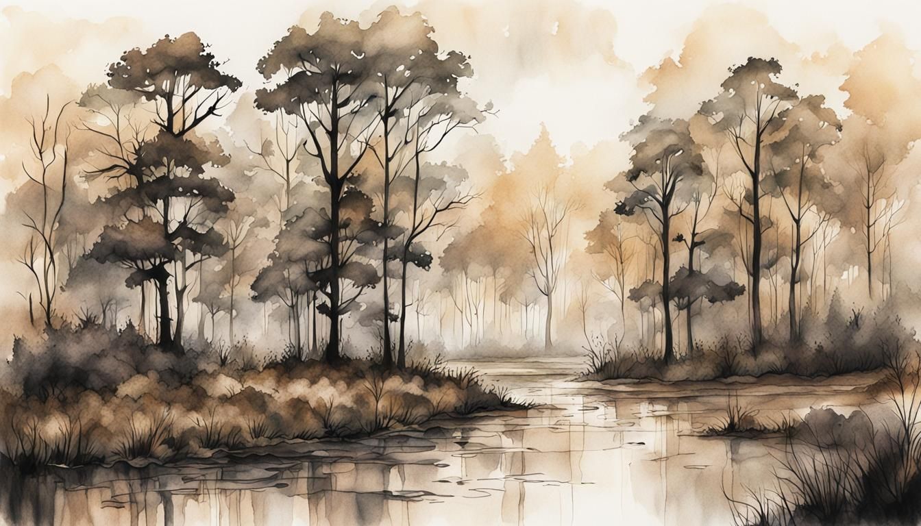 Serene Floodplain Forest in Hyperrealistic Ink Drawing