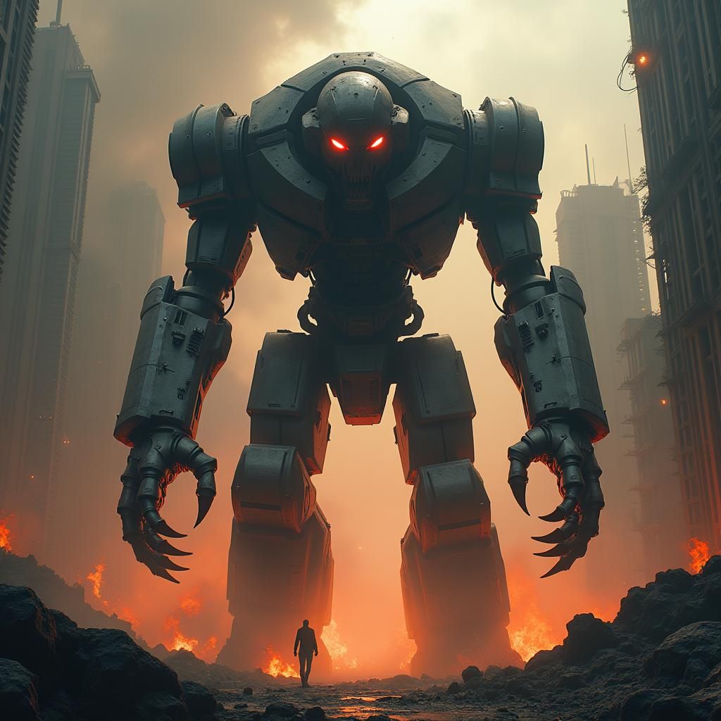 Metallic Giant Robot Emitting Evil Energy Aura