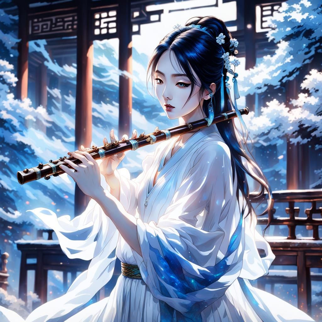Ethereal Chinese Flute Player in Anime Style