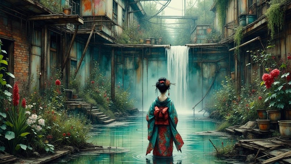 Surreal Geisha Oasis in Industrial Ruin