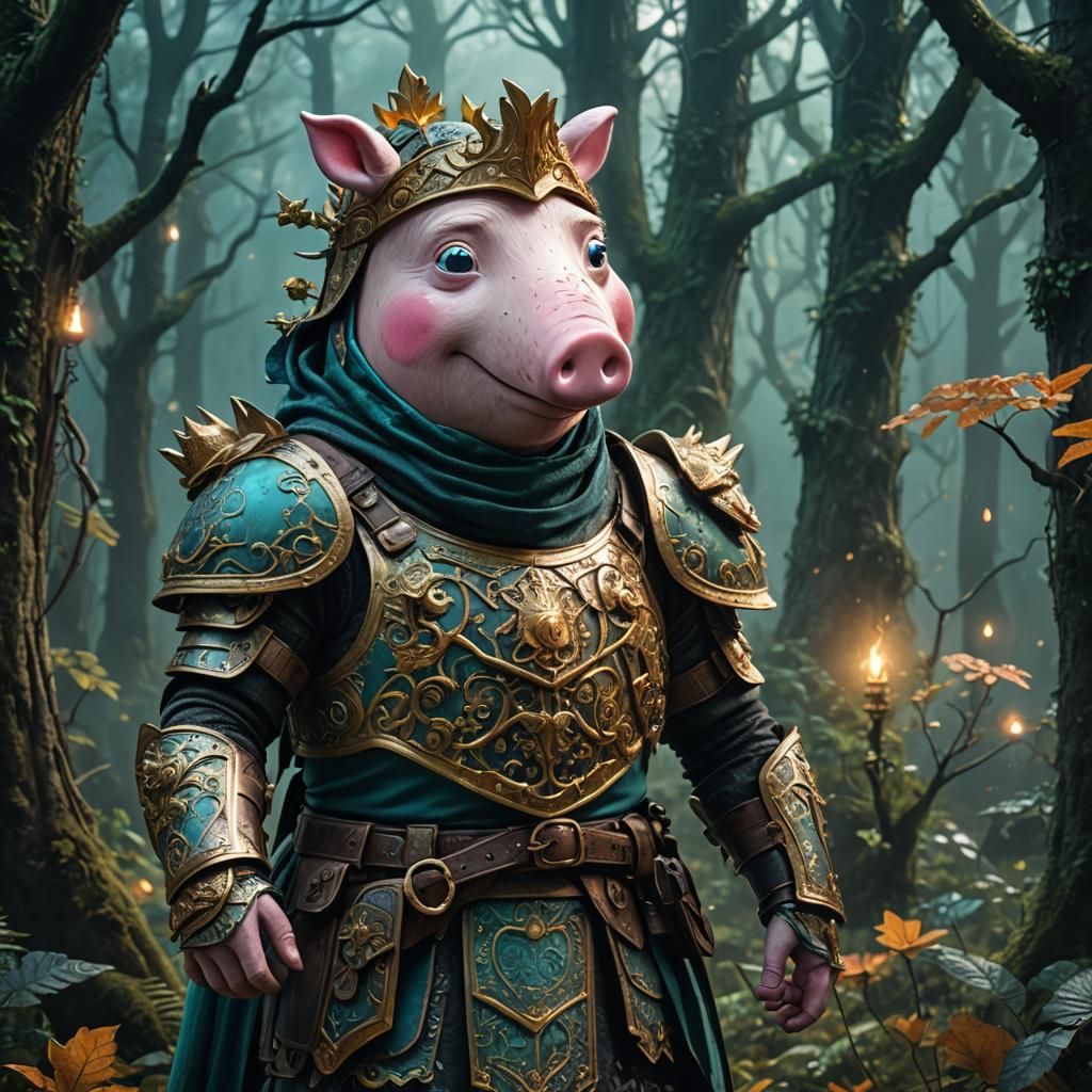 Peppa Pig as Armored Assassin in Mystical Forest