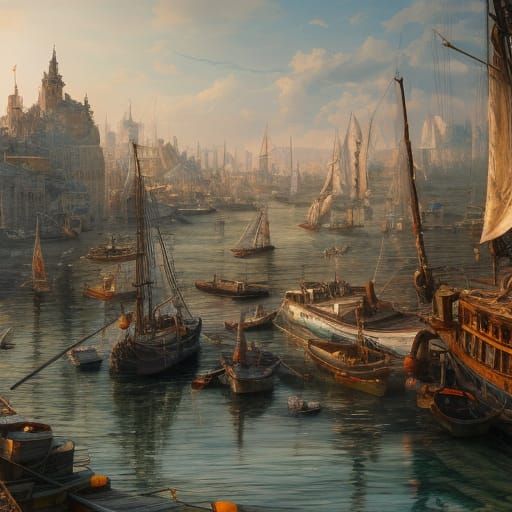 Watercolor Harbor with Boats: Detailed Fantasy Art