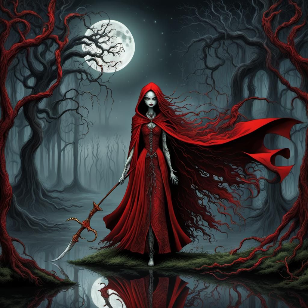Ragdoll Girl with Scythe in Dark Burtonesque Woods