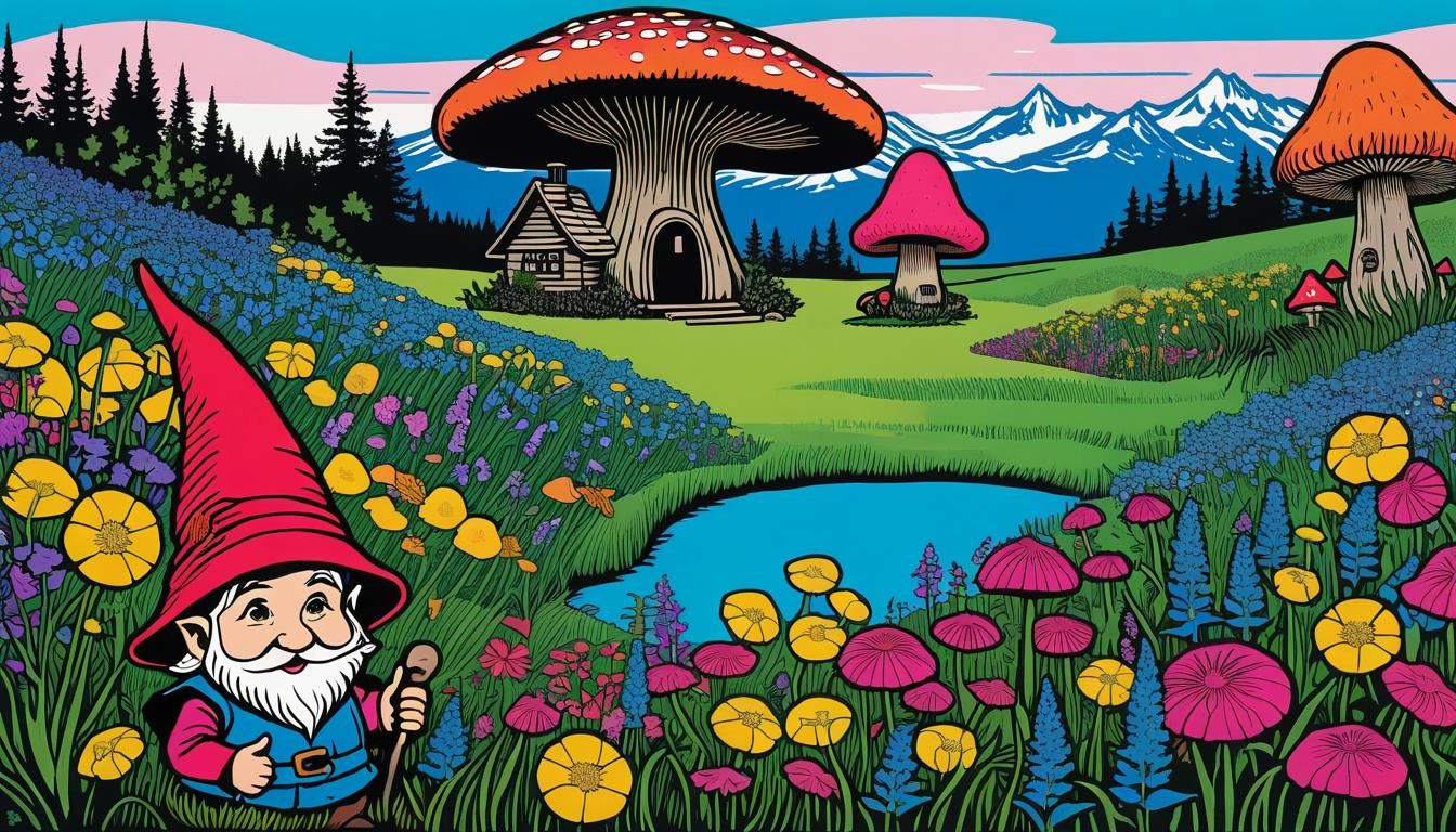 woodcut, linocut. Rachel Carson as a gnome. In the midground, there is a mushroom-shaped house. The background of the im...