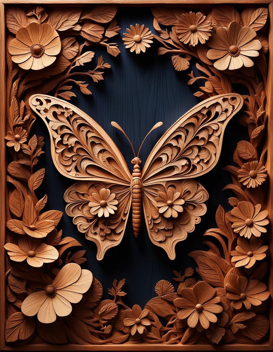 Intricate Wooden Butterfly Surrounded by Flower Petals