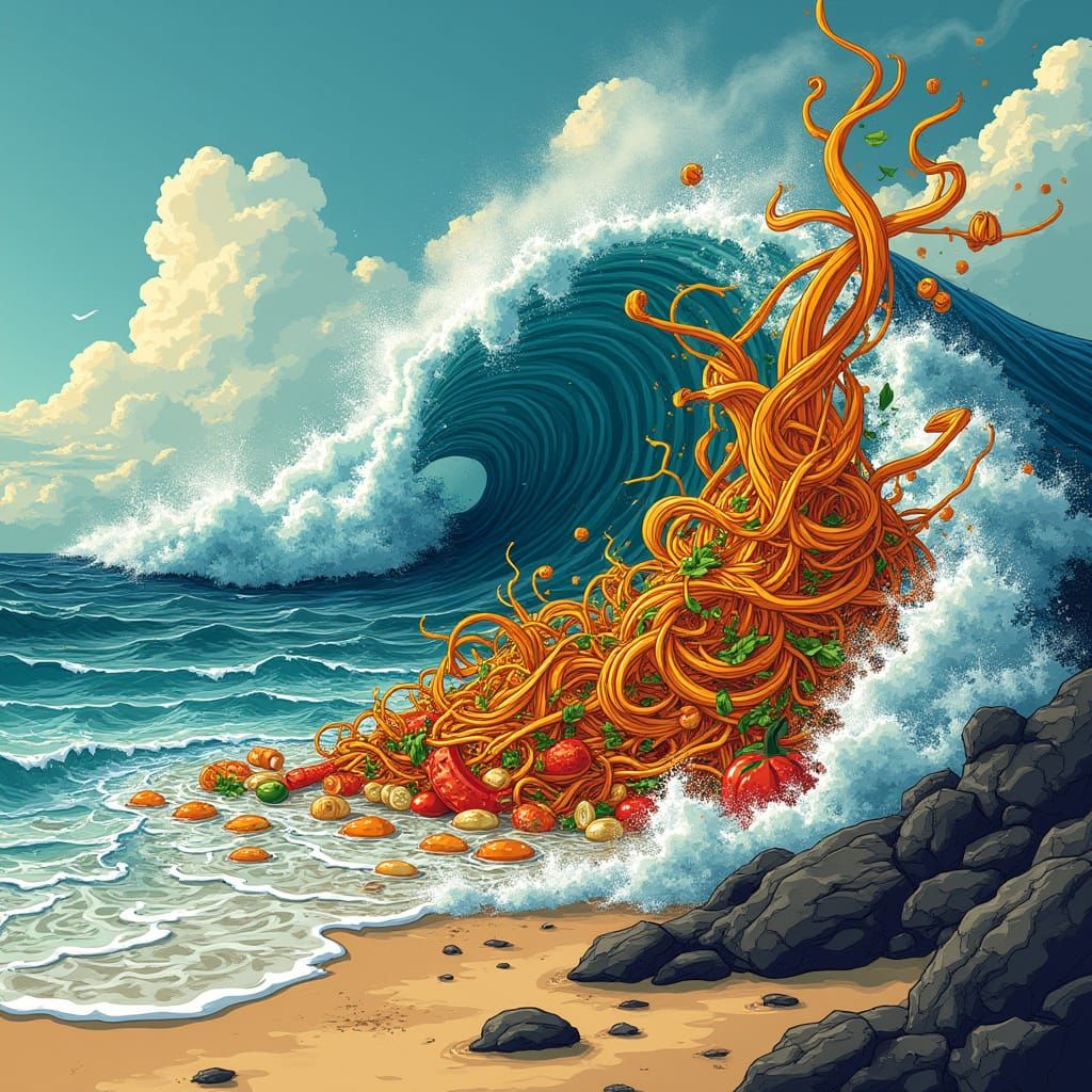 Savory Tsunami in Expressive Illustration Style