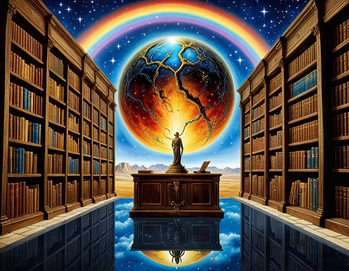 Vast Library of Galactic Knowledge in Surreal Digital Art