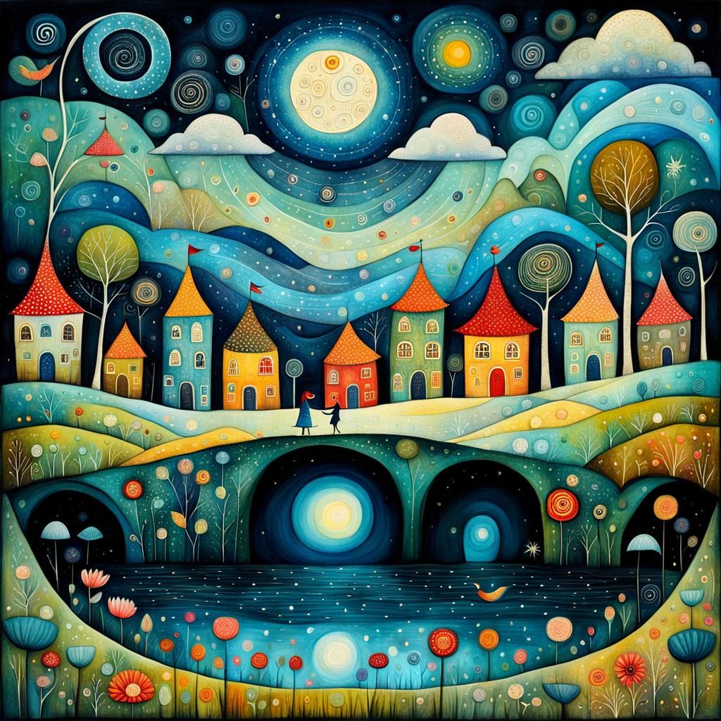 Surreal Dreamscape in Art Brut Style, Oil Painting