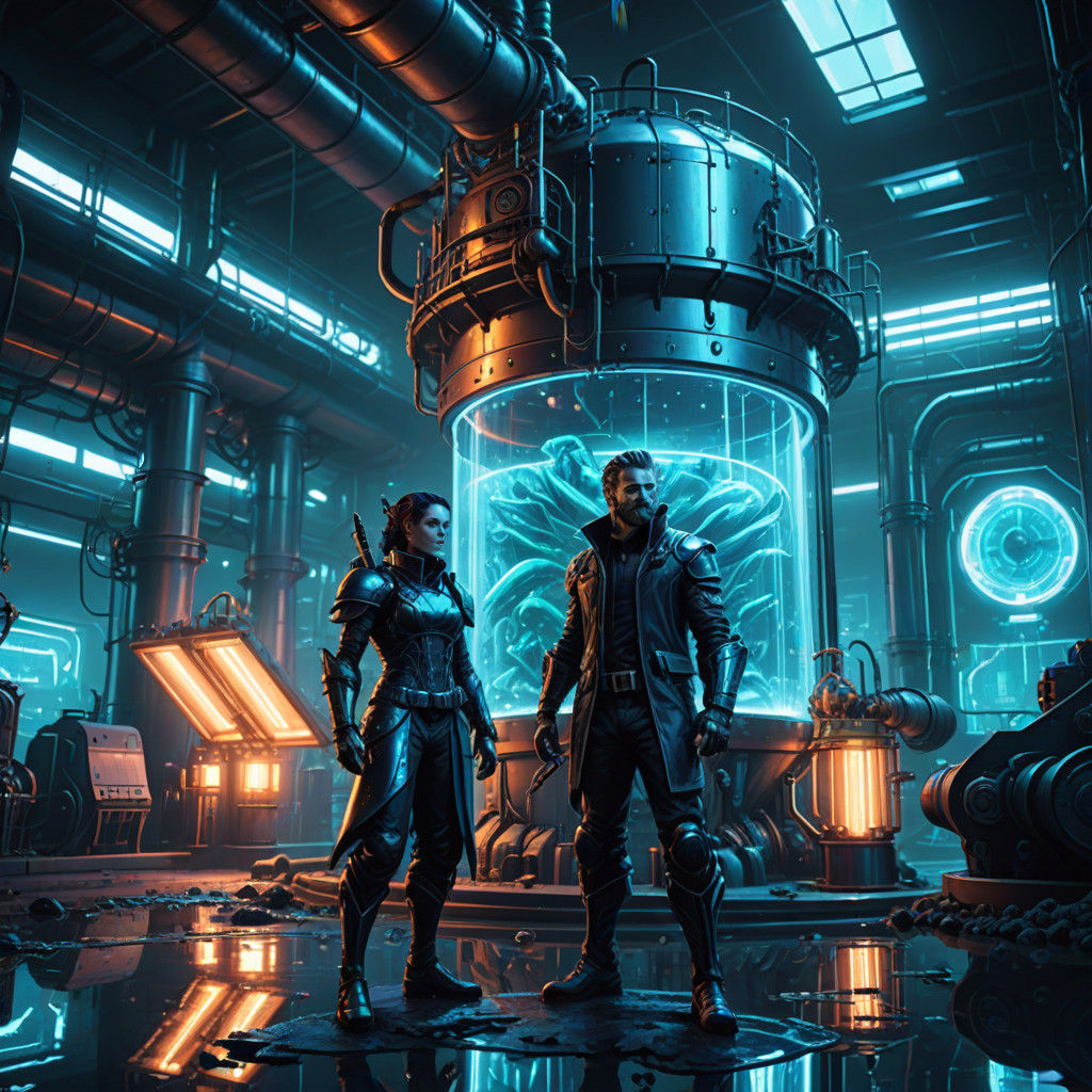 Cyberpunk Merfolk Wizard in Futuristic Mining Facility