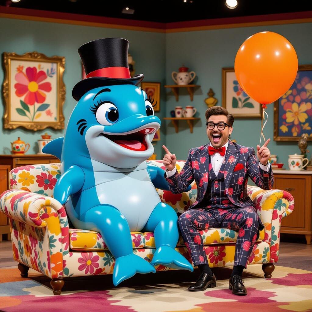 Cartoon Dolphin Host in Retro Television Studio