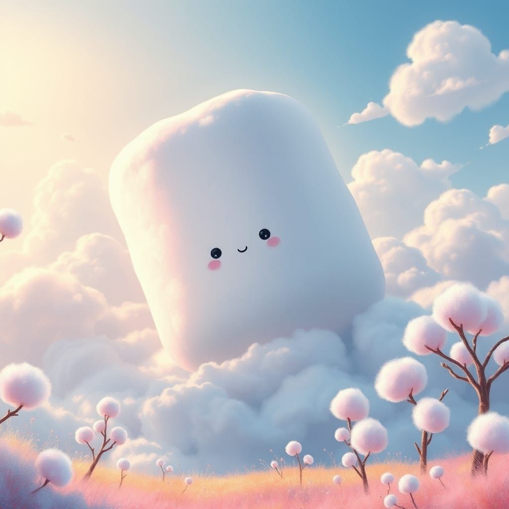 Marshmallow Character Floats in Dreamy Candy Landscape