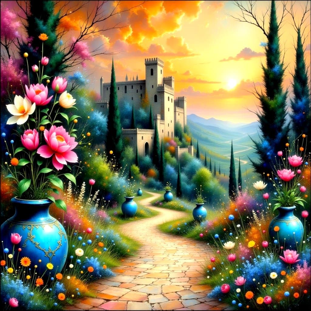 Italian Cypress Trees in Whimsical Castle Gardens