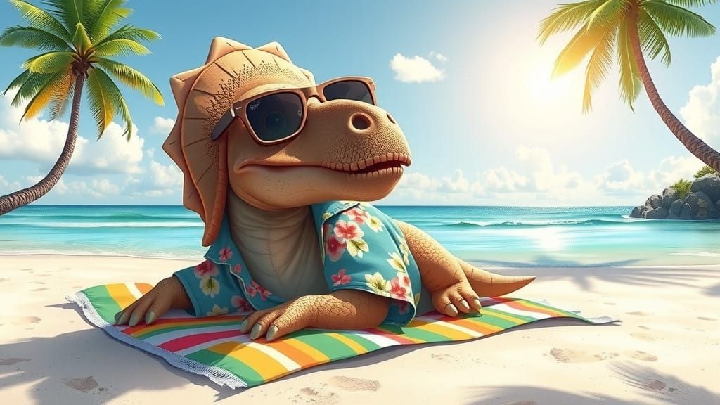 Triceratops in Hawaiian Style Beach Scene