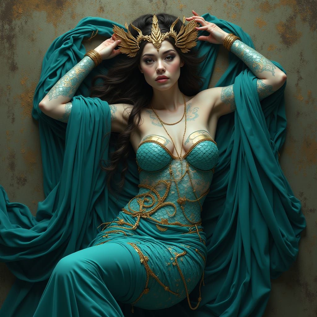 Enigmatic Siren Goddess in Iridescent Scales and Ancient Lin...
