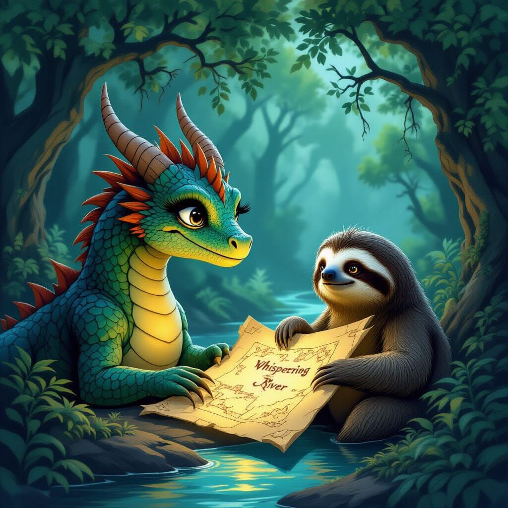 Dragon and Sloth Journey Through Enchanted Forest