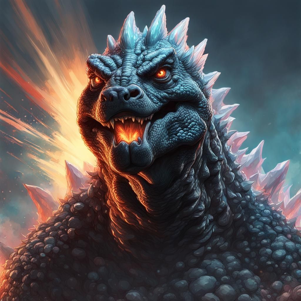 Small Godzilla Atomic Breath Portrait in Hyperdetailed Style