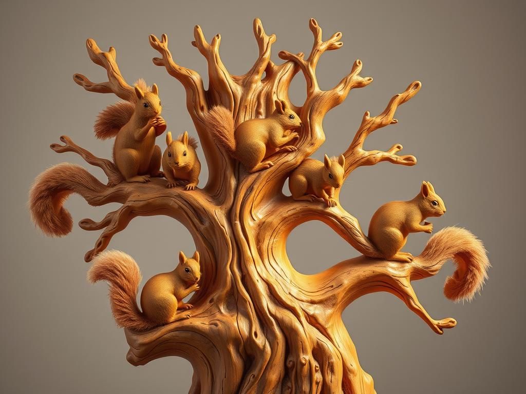 Intricate Wood Sculpture: Squirrels in a Tree