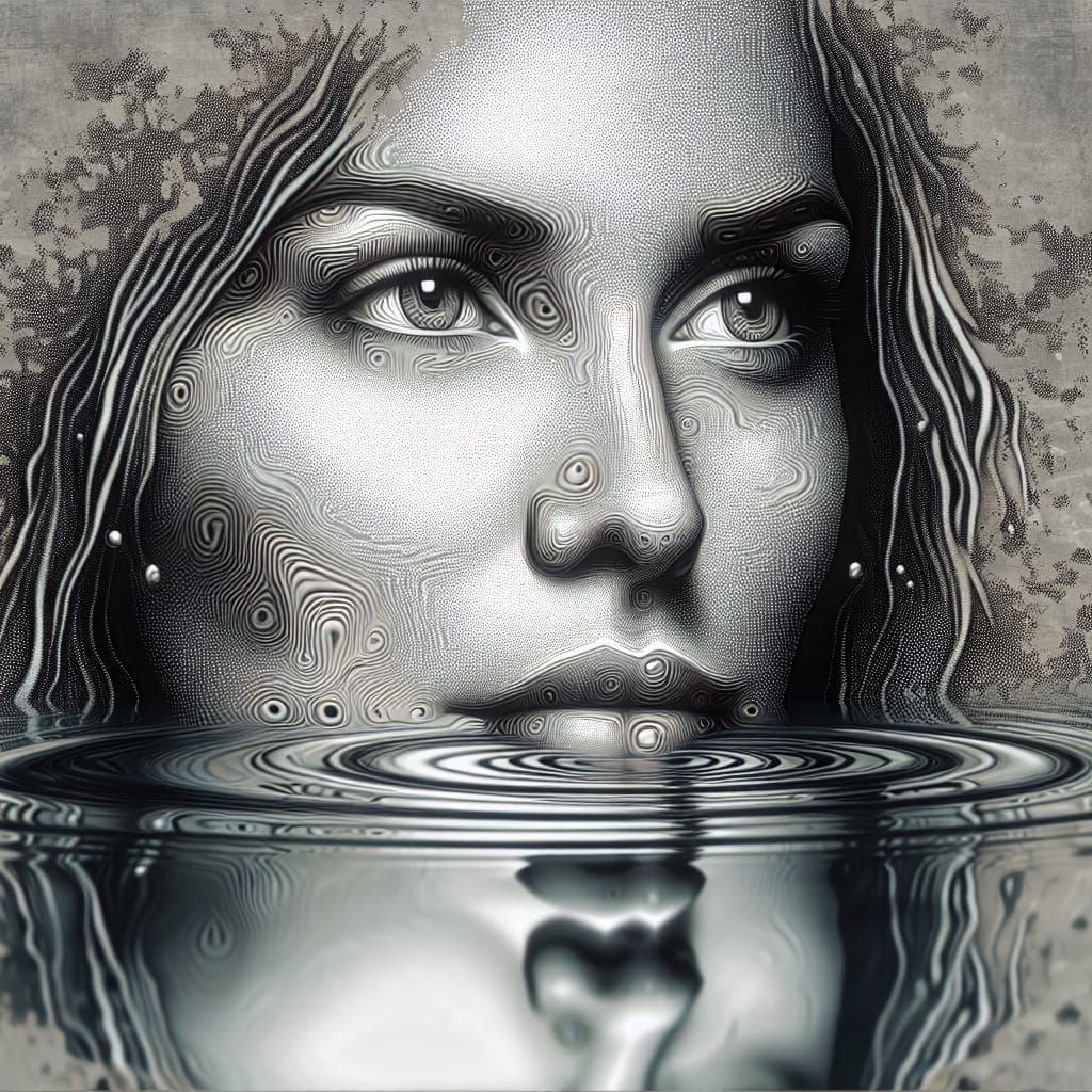 Distorted Reflection: Woman's Face in Rippling Puddle