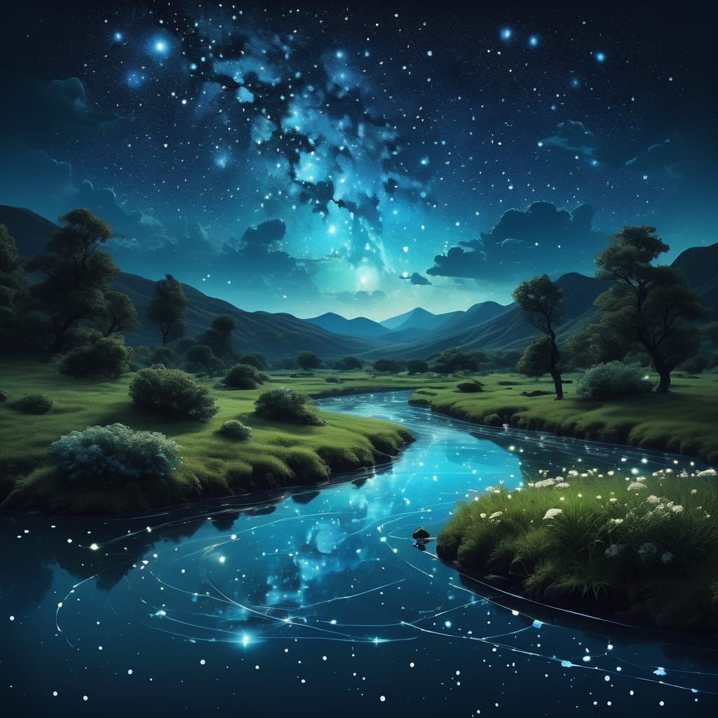 Celestial River in Starry Night Sky with Cosmic Islands