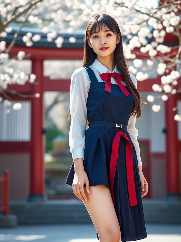 Kaori in Navy Jumper Dress at Spring Shrine