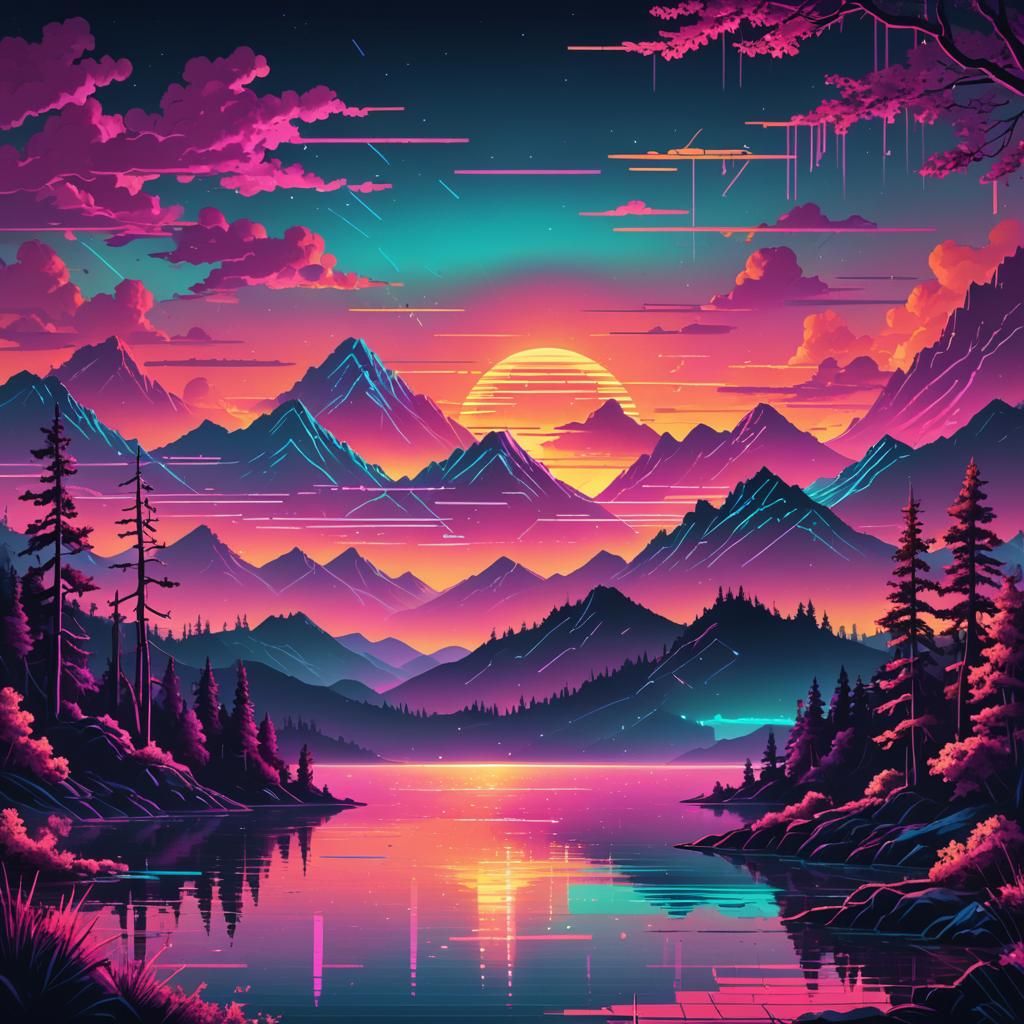 Synthwave Lake Landscape in Neon Pixel Art