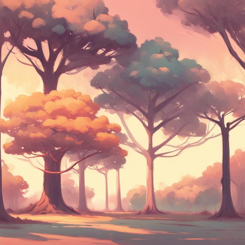 Cartoon Savannah Trees Concept Art in Pastel Colors