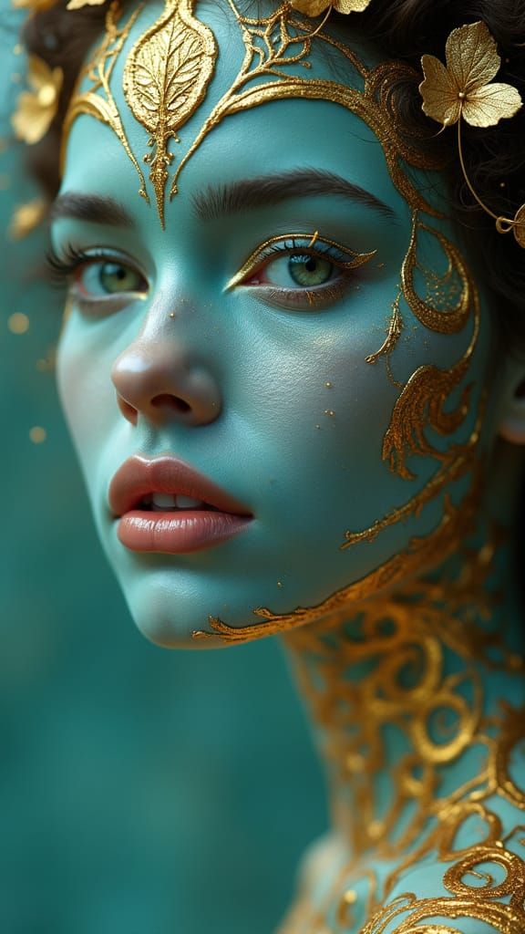 Breathtaking Woman with Turquoise Skin and Golden Vines