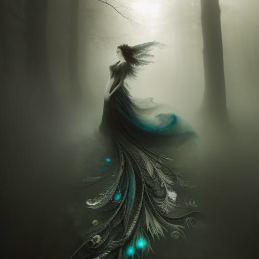 Ethereal Princess in Liminal Forest, Mixed Media Art