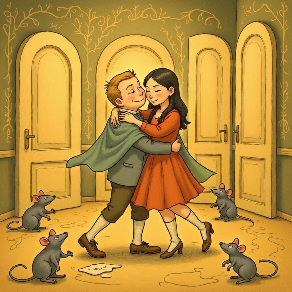 Surreal Dance of Figures in Golden Light with Rats