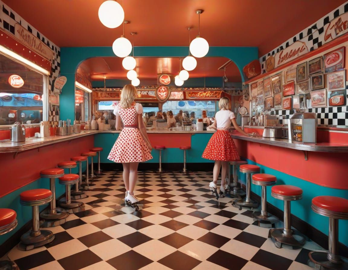 Waitresses on roller skates dressed with polka dots skirt