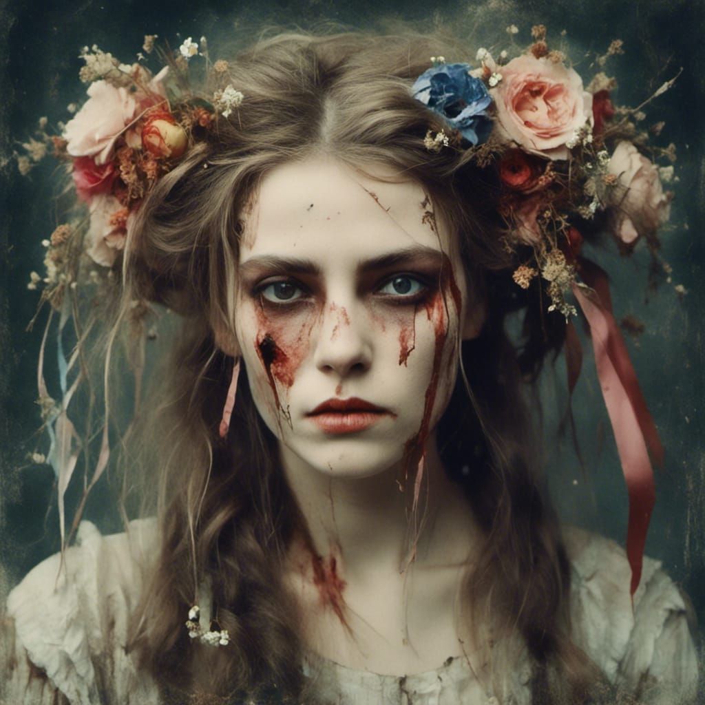 Woman with Braided Hair, Ribbons and Flowers