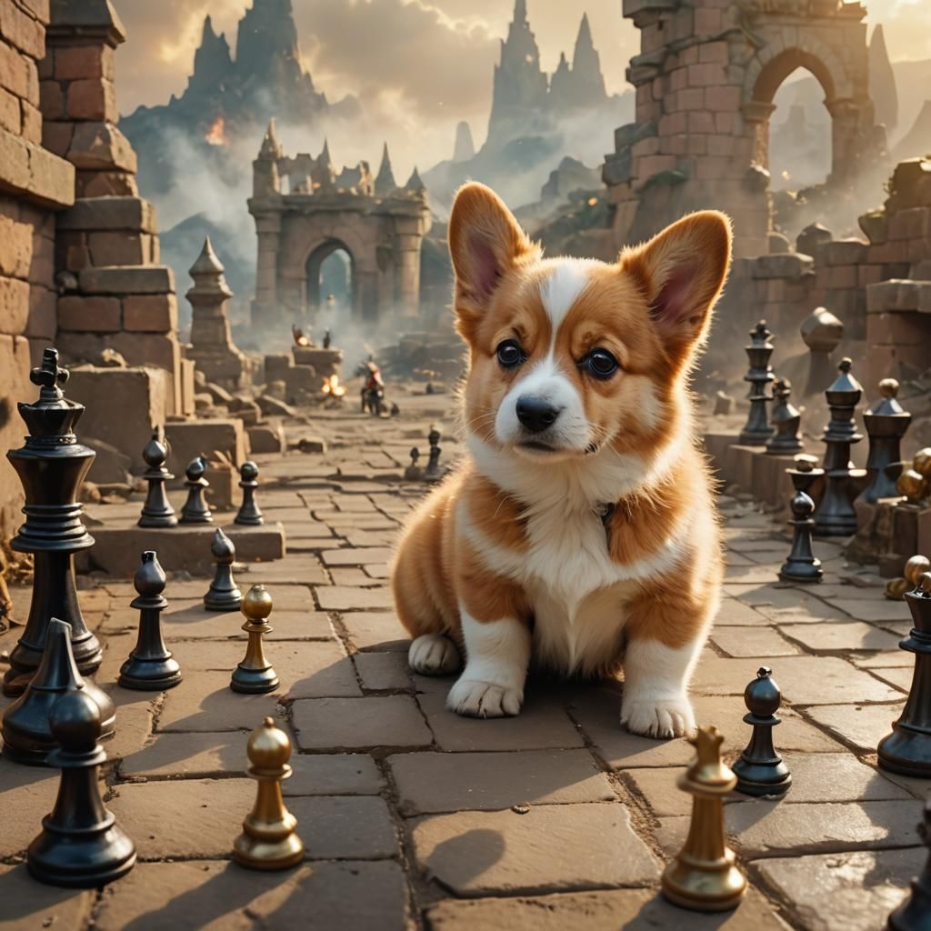 Corgi vs Kitten Speed Chess in Apocalyptic Landscape