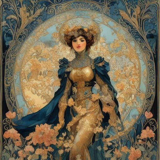<lora:Art Nouveau:1.0> a lady in front of a blue and gold ar...