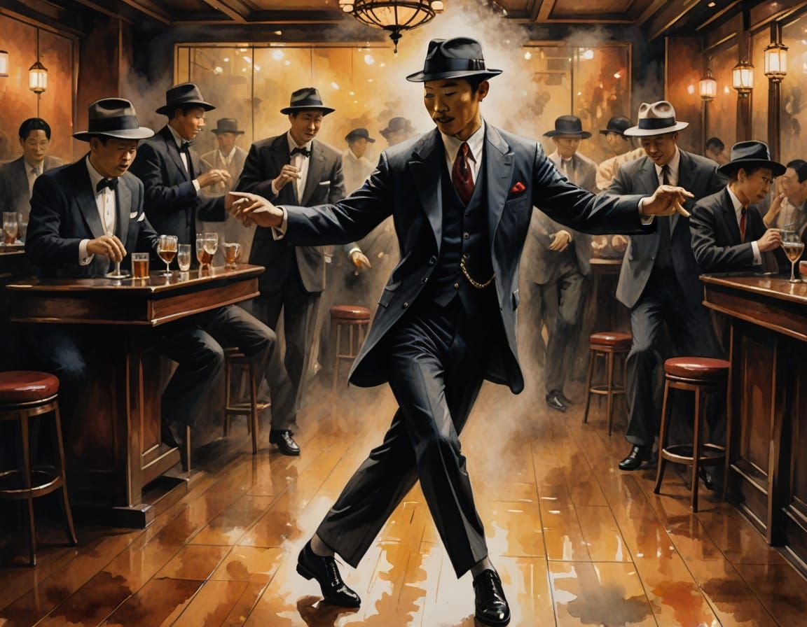 Man Dancing in Jazz Club as Chinese Ink Painting