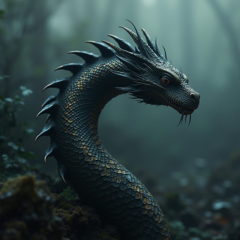 Coal Serpent Emerging from Dark Mist