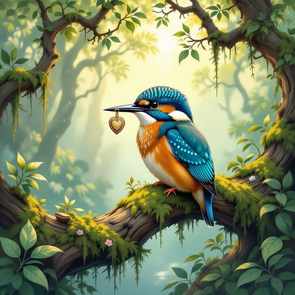 Kingfisher Bird with Golden Locket in Ancient Forest