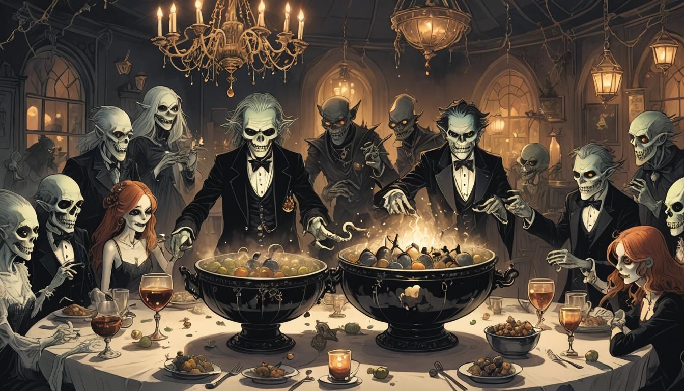 Ghouls and Goblins Enjoying a Whimsical Dark Fantasy Night