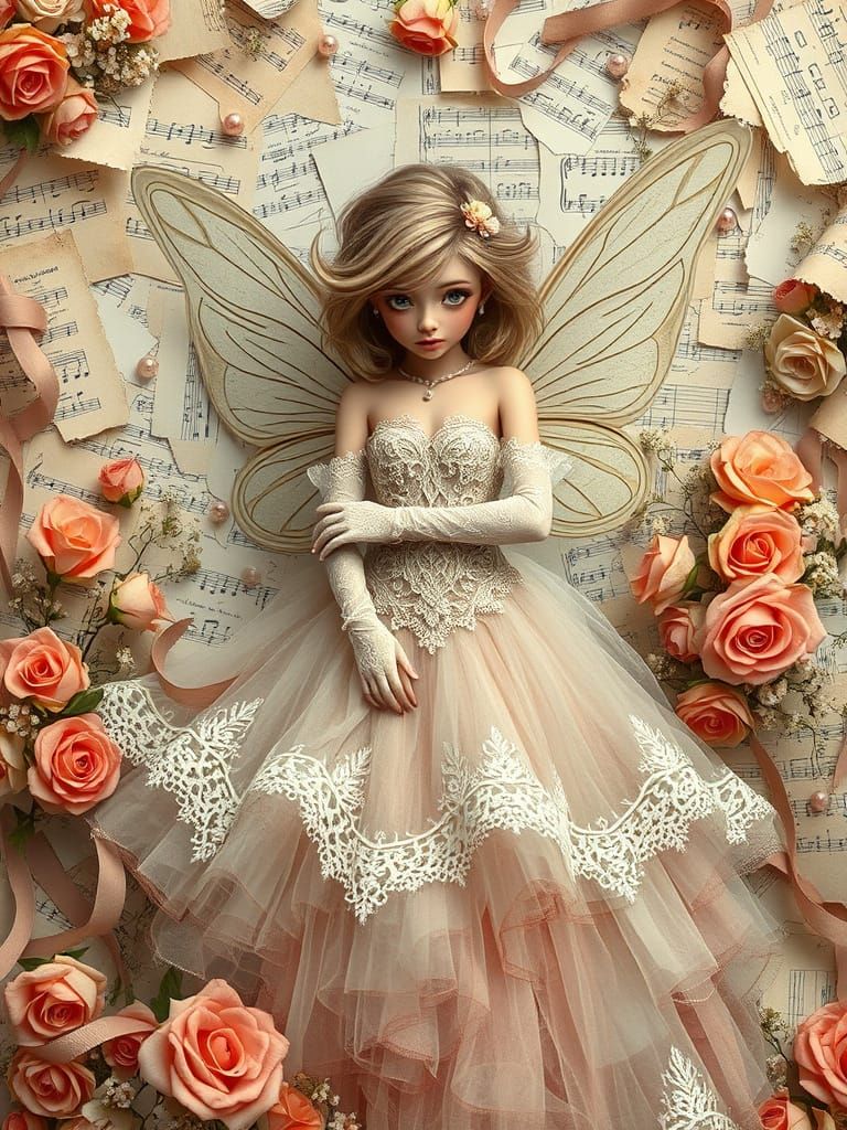 Ethereal Fairy in Whimsical Ball Gown on Music Paper with Ro...