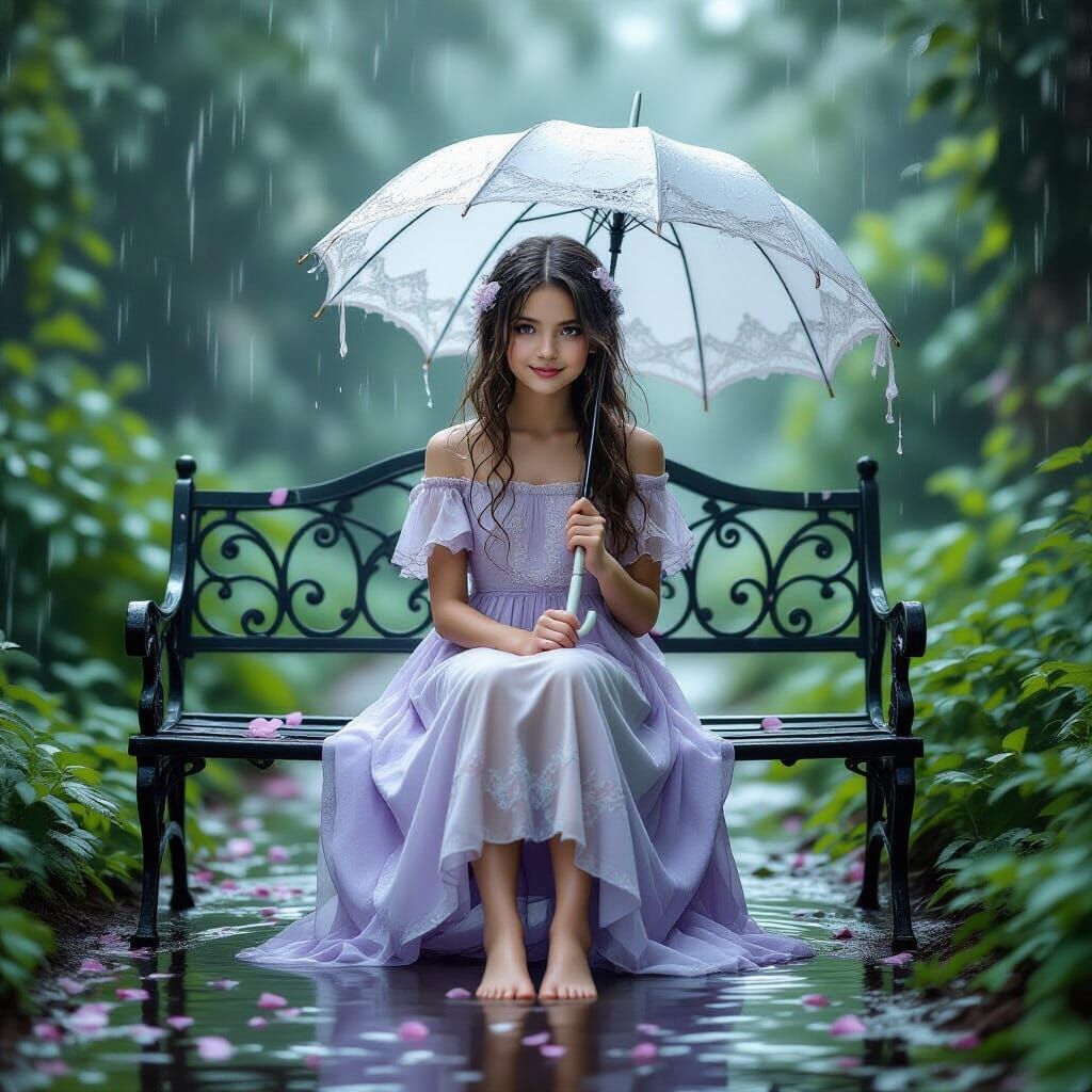 Girl in Misty Garden with Lace Umbrella