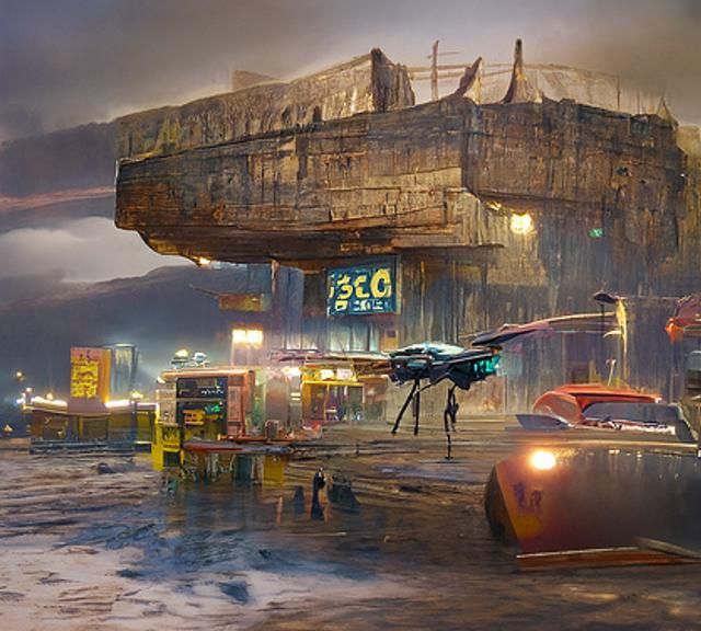 Cyberpunk Spaceship Landing Platform in Dystopian Cityscape