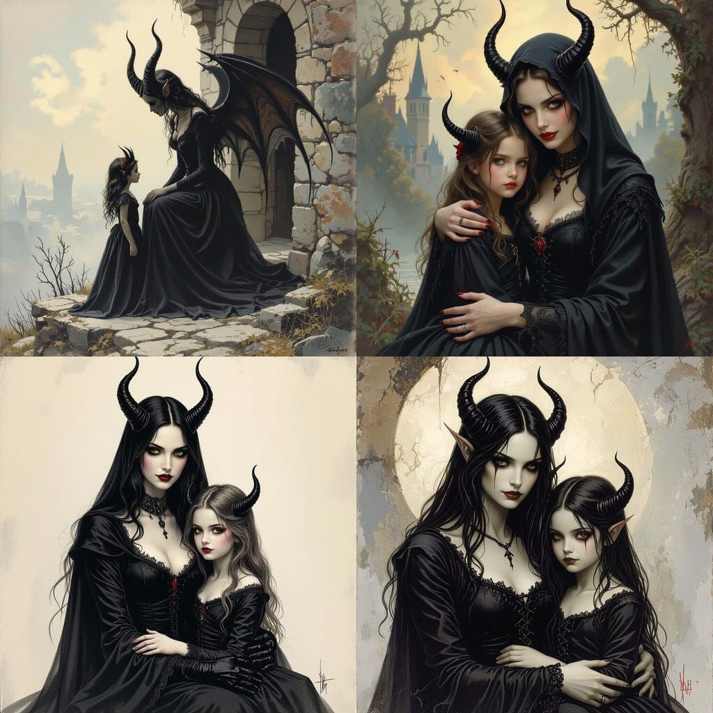 Demoness Mother and Daughter in Horror Style