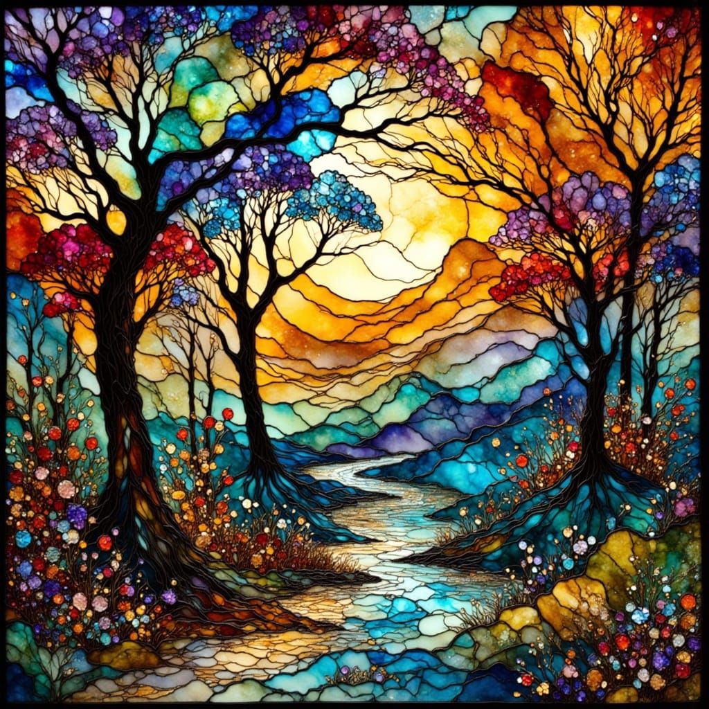Luminous Stained Glass Fall Landscape Under Moonlight