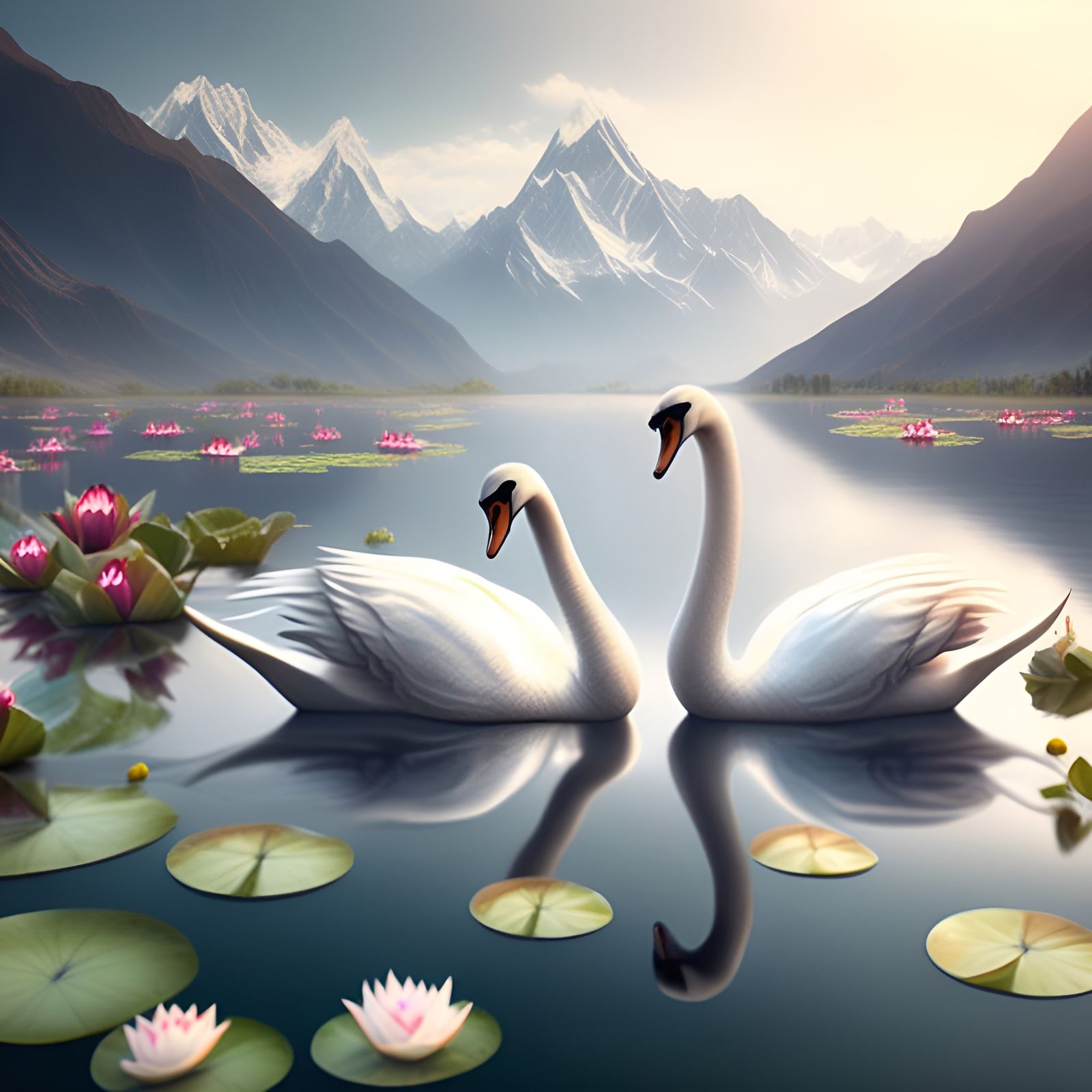 Swans on a Lake with Himalayan Mountains