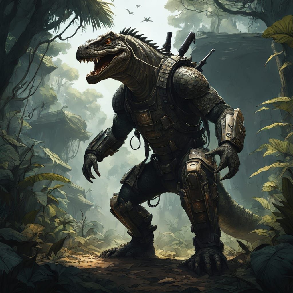 Cyberpunk Komodo Dragon Hybrid Emerges from Tropical Jungle