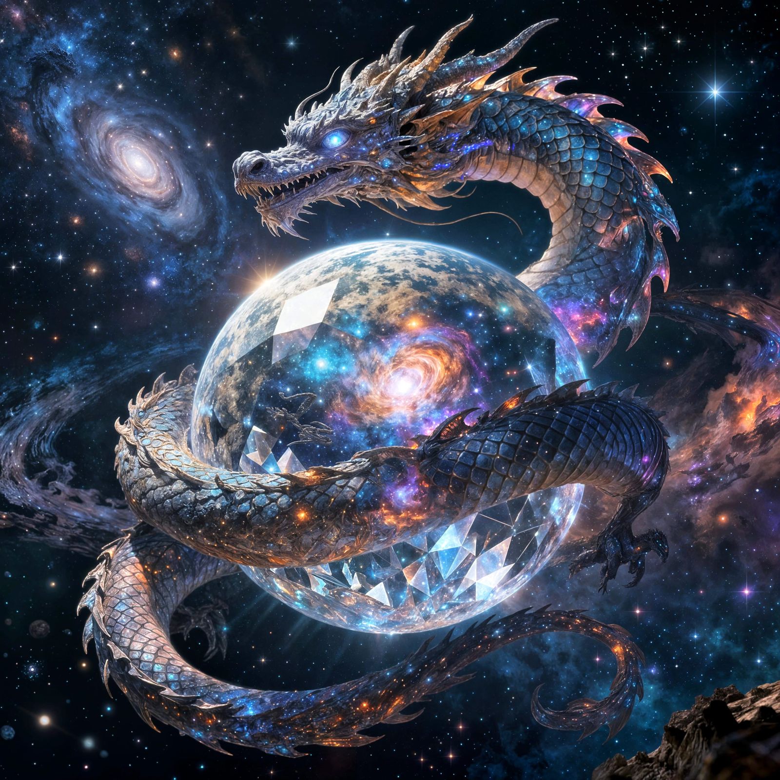 Cosmic Dragon Coiled Around Crystal Planet