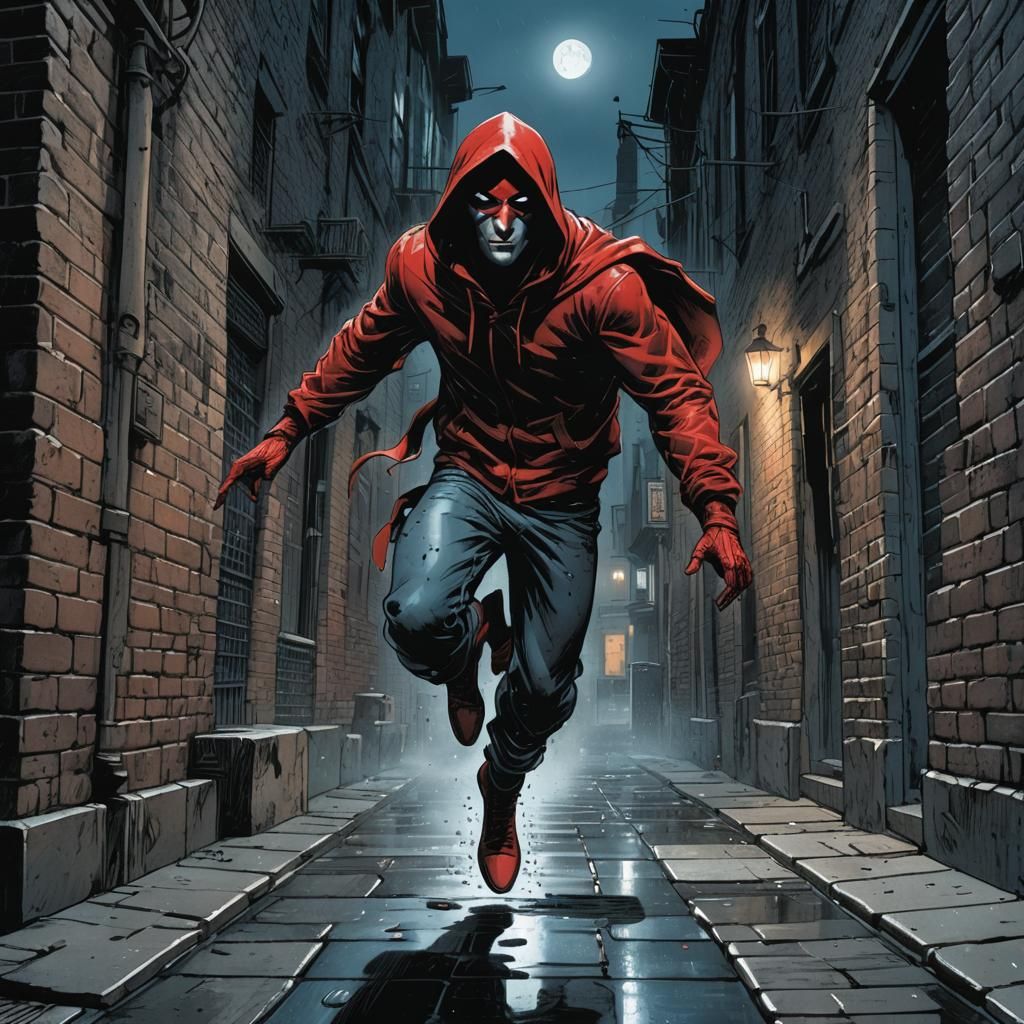 Red Hooded Figure in Dark Alleyway Comic Art