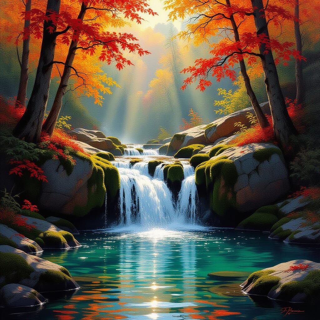 Autumn Waterfall in Romantic Landscape Style