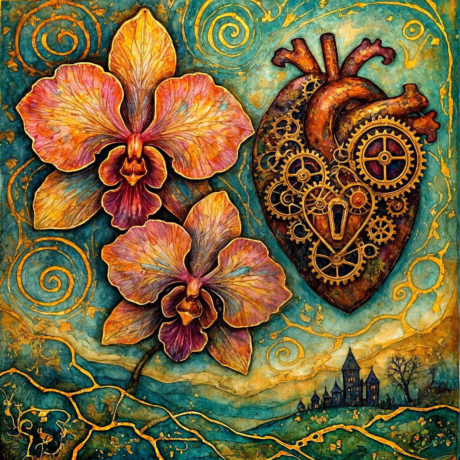 Kintsugi Landscape with Steampunk Orchids in Watercolor