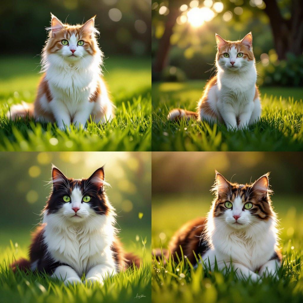White And Red Cat With Green Eyes On A Lush Green Lawn