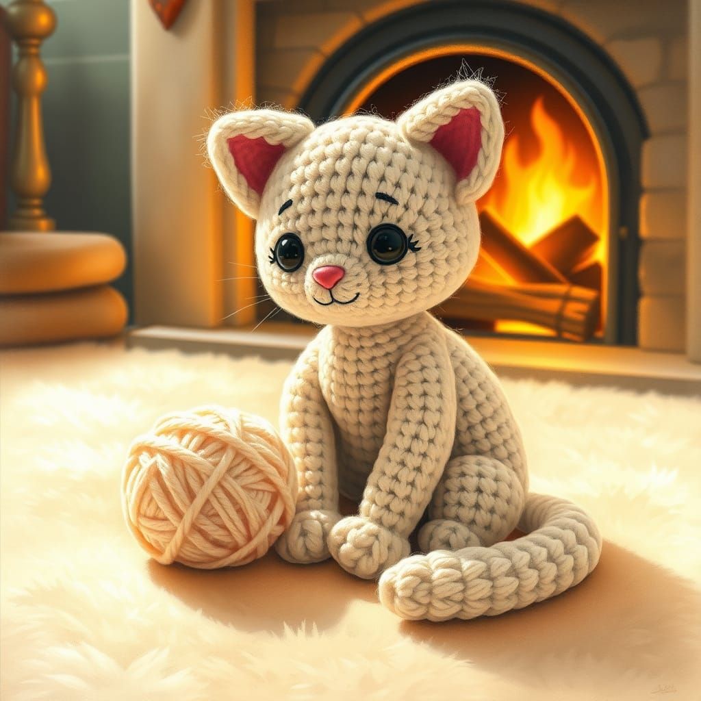 Crocheted Kitten with Yarn in Storybook Style